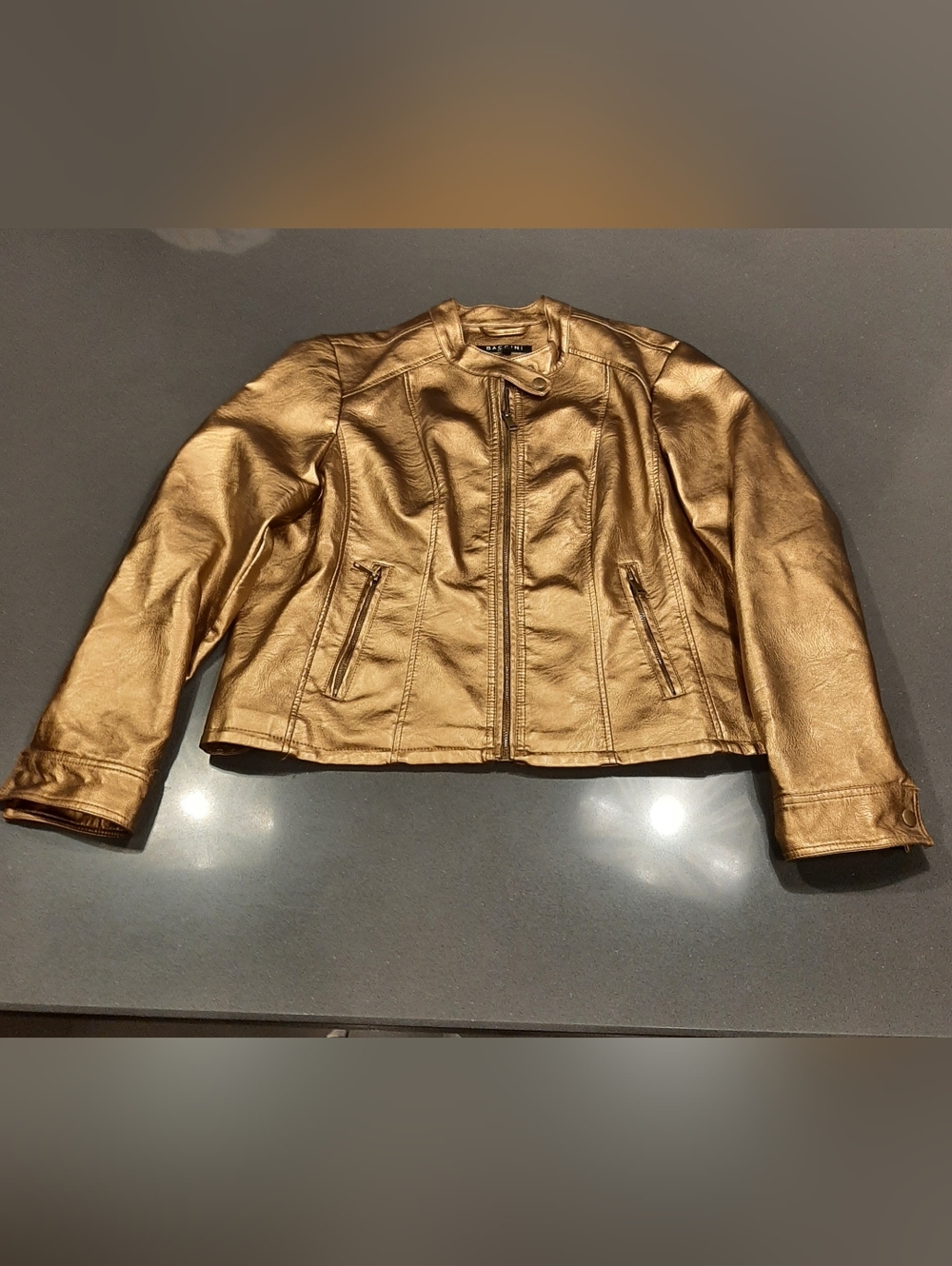 Baccini Gold Metallic Moto Jacket Petite XL Cropped Zip Up Statement Coat